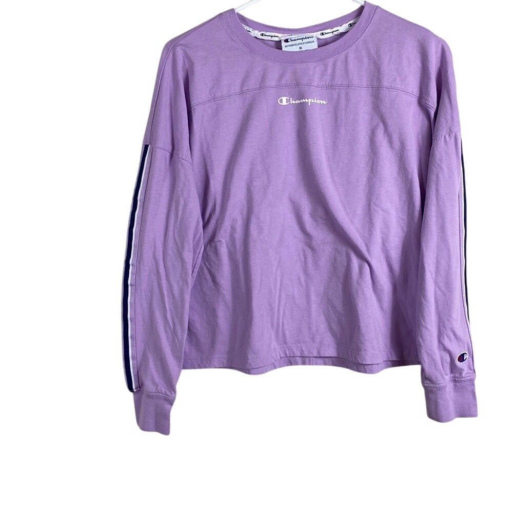 Champion Long Sleeve Logo Tee Shirt Purple striped sleeves women's size medium